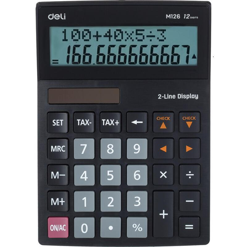 Калькулятор настольный ПОЛНОРАЗМ. Deli EM126,12-р,2стр,дв.пит,182х129мм,чер - фото 1