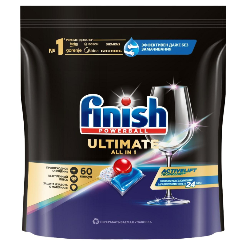 Капсулы для ПММ Finish Ultimate 60 капсул дойпак бесфосфатные - фото 1