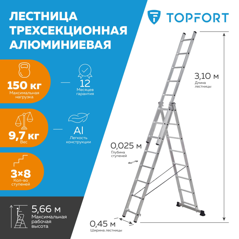Лестница трехсекционная алюминиевая 3х8 ступеней TOPFORT - фото 2