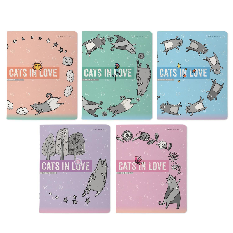 Тетрадь общая А5,48л,клетка,скреп,CATS IN LOVE,5шт/уп,7-48-1230/5 - фото 1