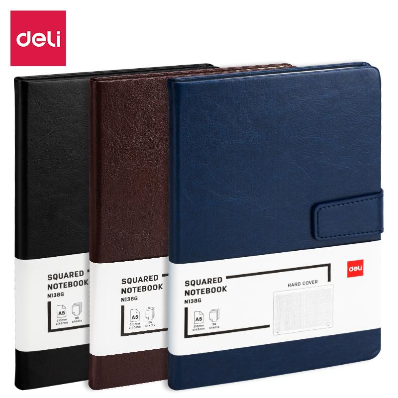 Блокнот Deli А5 96л 80 г/м, твер.обл,магнит клетка 5x5 мм синий кожа EN138G - фото 1