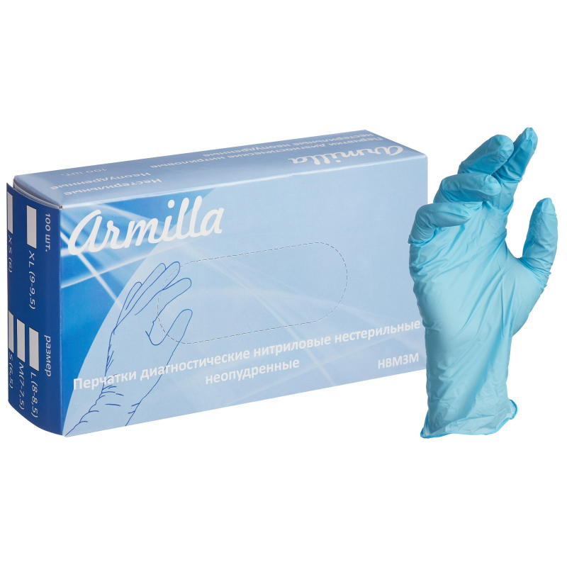 Перчатки нитрил н/о,н/с,текст голуб. Armilla (M) 50пар/уп - фото 1