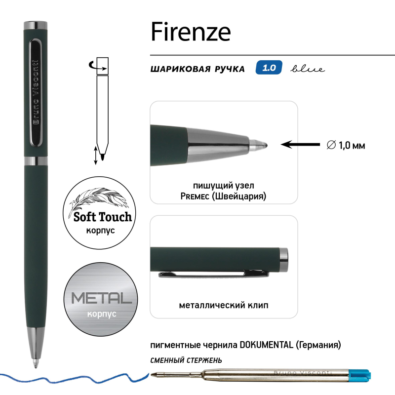 Ручка шариковая BV FIRENZE 1мм син кор зелен,тубус прямоуг черн 20-0300/03 - фото 4