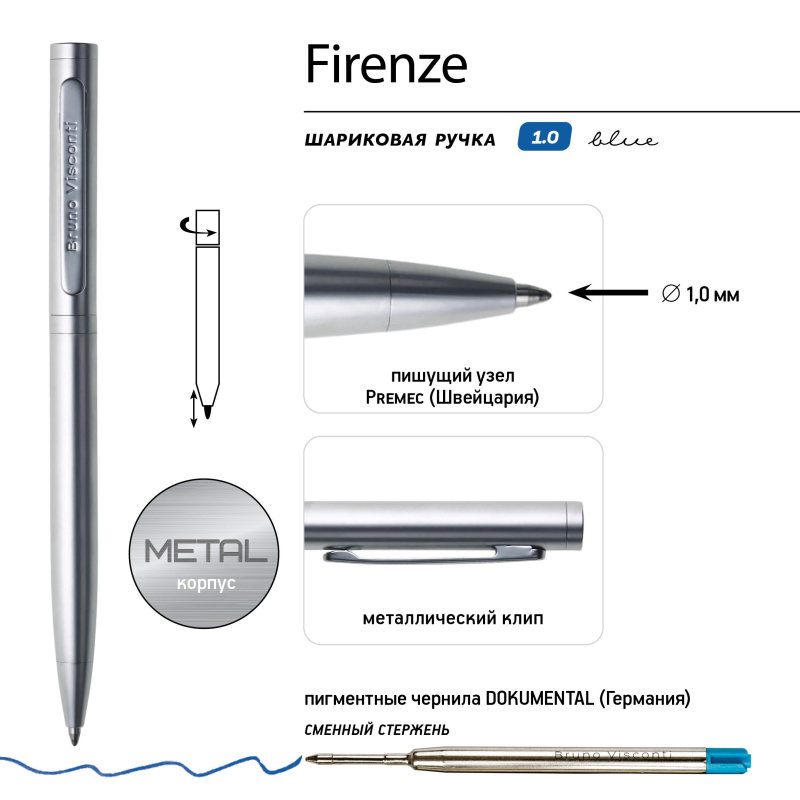Ручка шариковая BV FIRENZE 1мм син кор серебрн,тубус прямоуг сер 20-0302/03 - фото 4