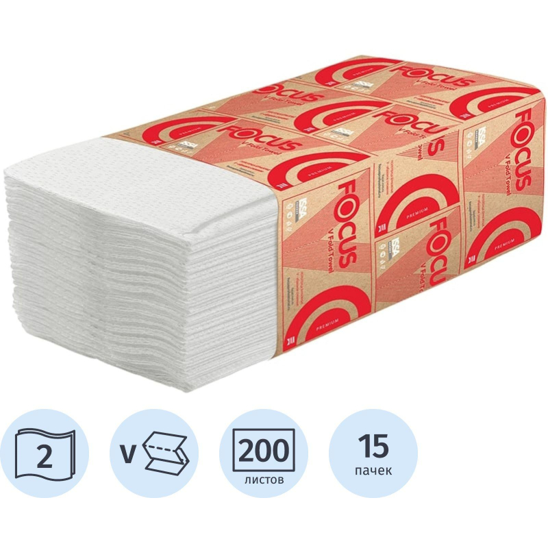 Полотенца бумажные д/дисп. FOCUS PremiumVсл 2сл 200л15пач/уп 5083740 п/э - фото 1