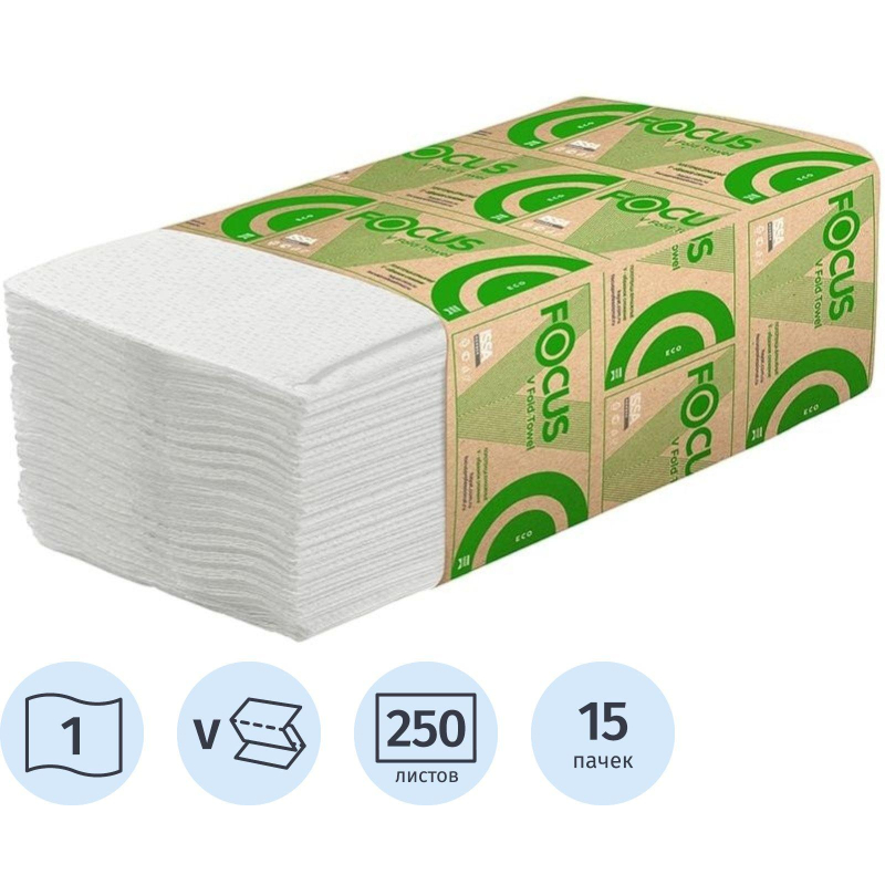 Полотенца бумажные д/дисп. FOCUS Eco Vсл 1сл бел 250л 15пач/уп 5083741 п/э - фото 1