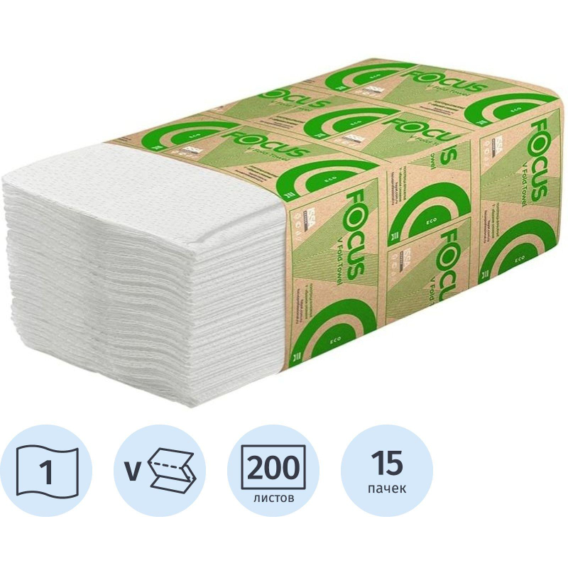 Полотенца бумажные д/дисп. FOCUS Eco Vсл 1сл бел 200л 15пач/уп 5083743 п/э - фото 1