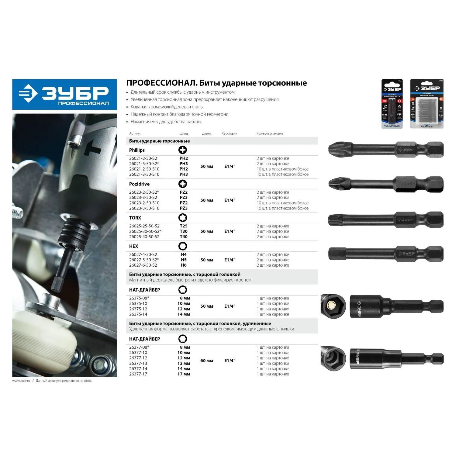Бита с торцевой головкой ЗУБР магнит. Профессионал 1/4'' 8х50мм (26375-08) - фото 5