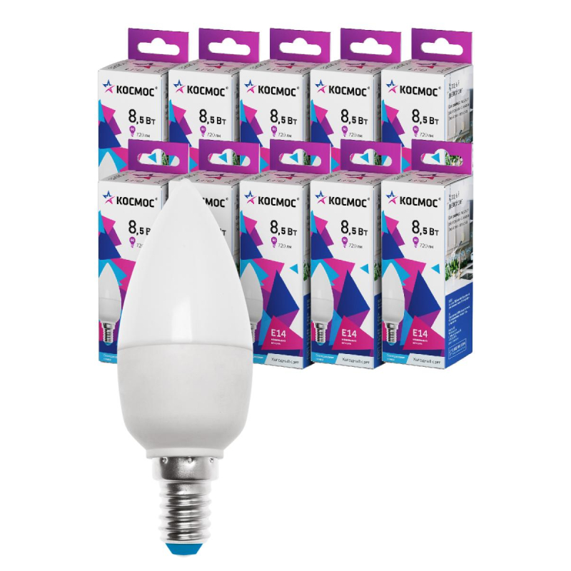 Лампа светодиодная КОСМОС ЭКОНОМИК CN 8.5W E14 10 шт/уп (LED8.5wCNE1465_10) - фото 4