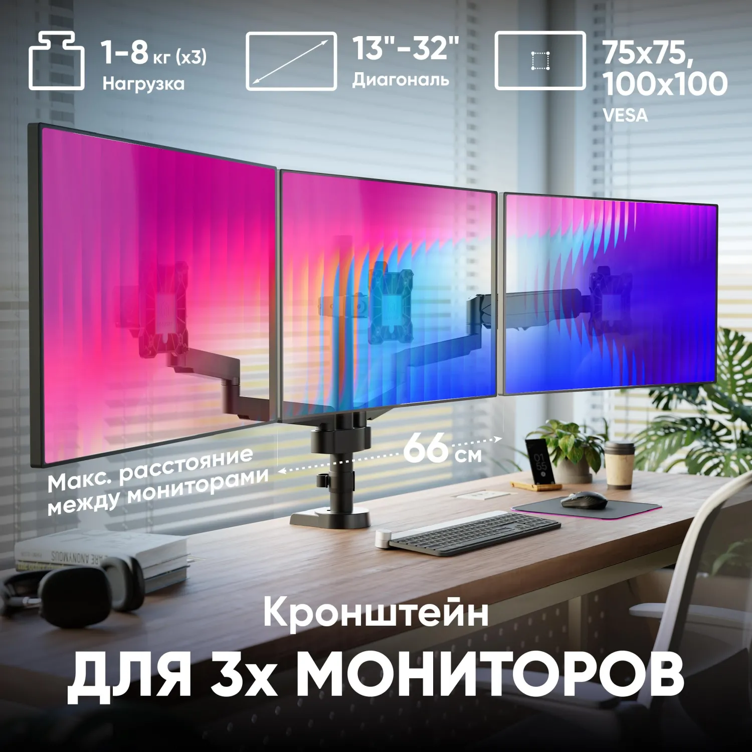 Кронштейн Onkron (держатель) для трех мон. 13-32, настольный, черный G280 - фото 5