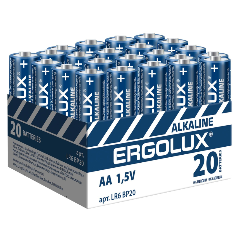 Батарейка Ergolux AA/LR 6 Alkaline BP-20 (LR 6 BP20, 1.5В) (20 шт в уп.) - фото 1
