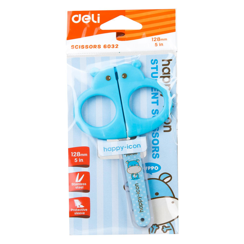 Ножницы детские 128мм Deli E6032-BLUE, симм.пласт.ручки,защитн.колп,голубой - фото 3