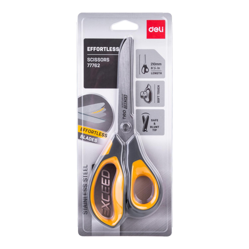 Ножницы Deli E77762 Yellow 210мм,прорезин.ручки желт-сер,лезвия сталь,блист - фото 2