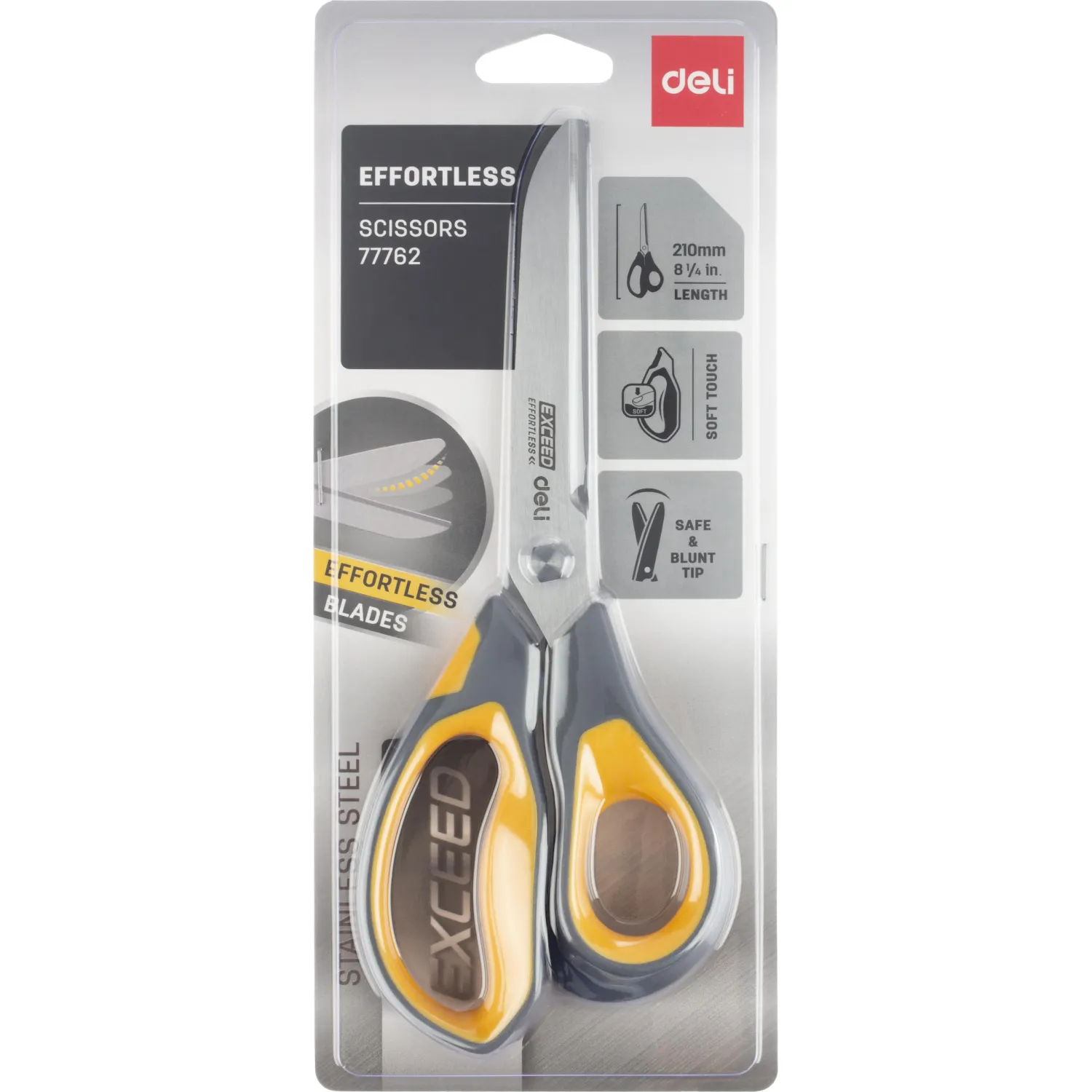 Ножницы Deli E77762 Yellow 210мм,прорезин.ручки желт-сер,лезвия сталь,блист - фото 6