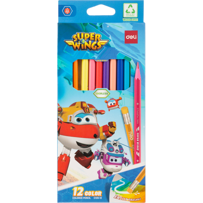 Карандаши цветные Deli Super Wings EC126-12, 12 цв/наб, 6-гранные, пластик - фото 1