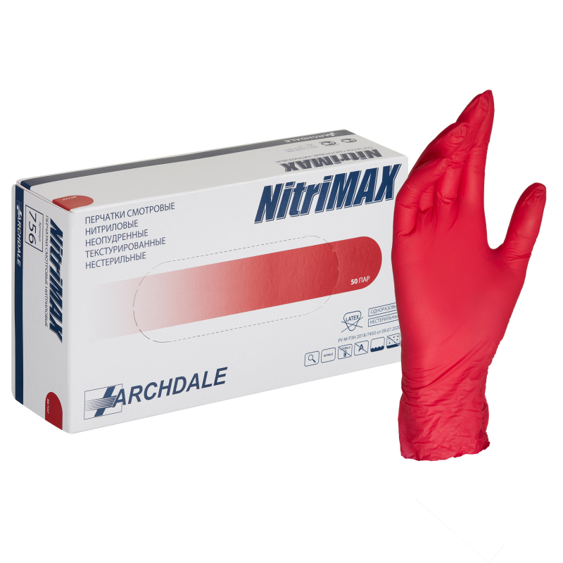 Перчатки нитрил. н/с. н/о , красные 756 NitriMax (L) 50п/уп, 4гр - фото 1