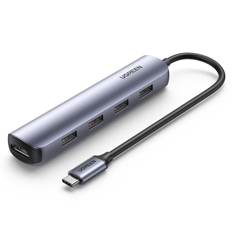 Разветвитель USB Ugreen CM417 (20197) USB-C to 4xUSB 3.0+HDMI, серый - фото 1