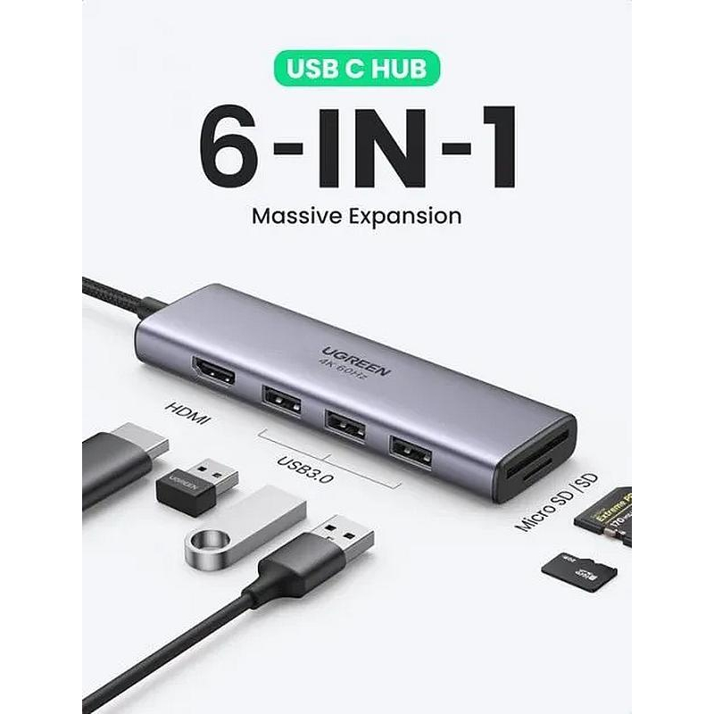Разветвитель USB Ugreen CM511 (60383) USB-C. серый космос - фото 2