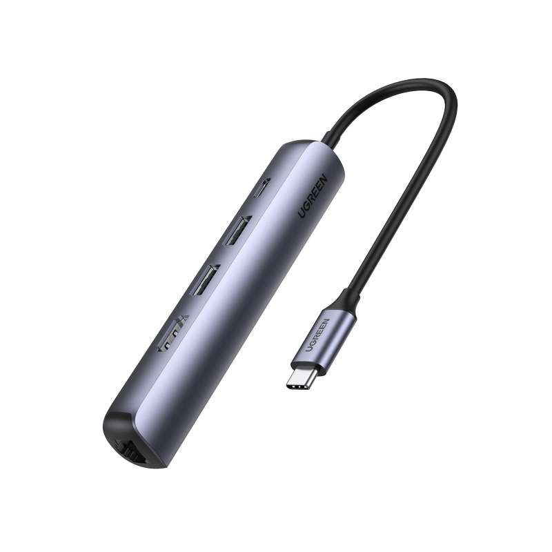 Разветвитель USB Ugreen CM418 (10919) USB-C to 2xUSB 3.0+HDMI+RJ45+PD Сереб - фото 1