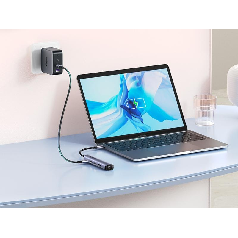Разветвитель USB Ugreen CM418 (10919) USB-C to 2xUSB 3.0+HDMI+RJ45+PD Сереб - фото 2