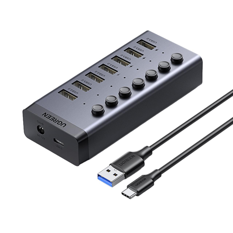 Разветвитель USB UGREEN CM481 (90307) USB-C to 7-Port USB-A 3.0/DC 12V/черн - фото 1