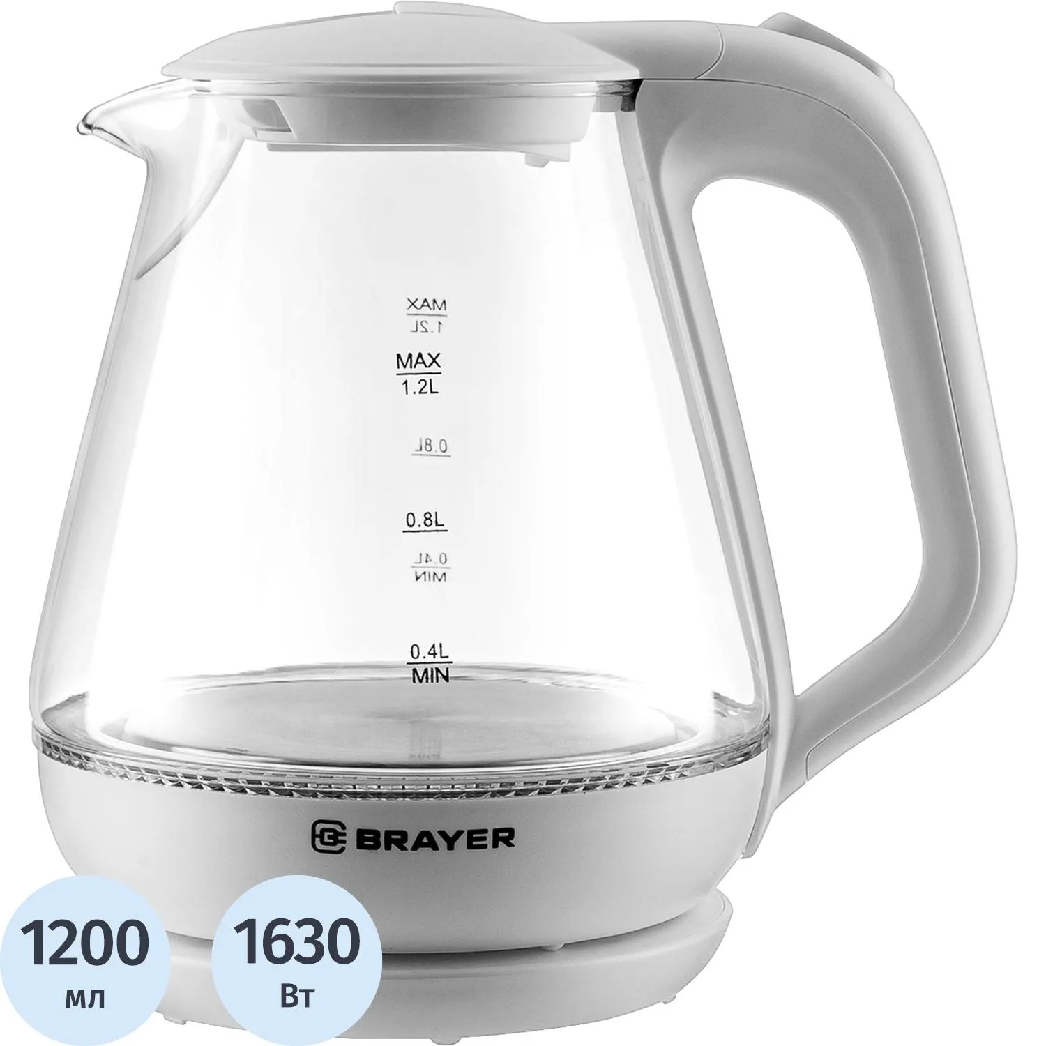 Чайник электрический BRAYER BR1063WH, 1630 Вт, 1,2 л, стекл.корп, термометр - фото 1