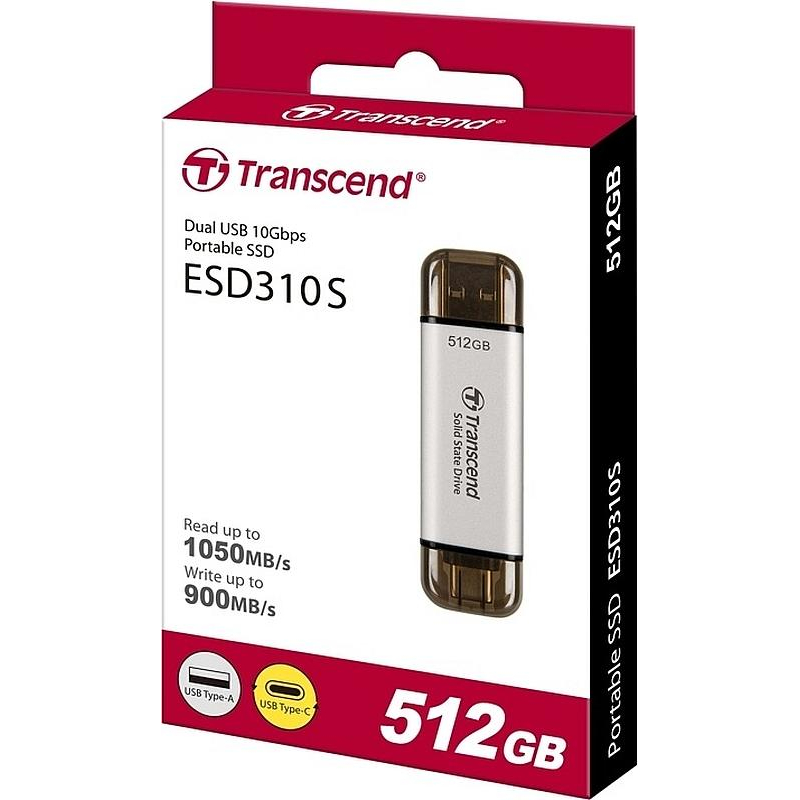 Портативный SSD Transcend 512Gb, USB 10Gbps, Type-C/Type-A, Серебряный - фото 2
