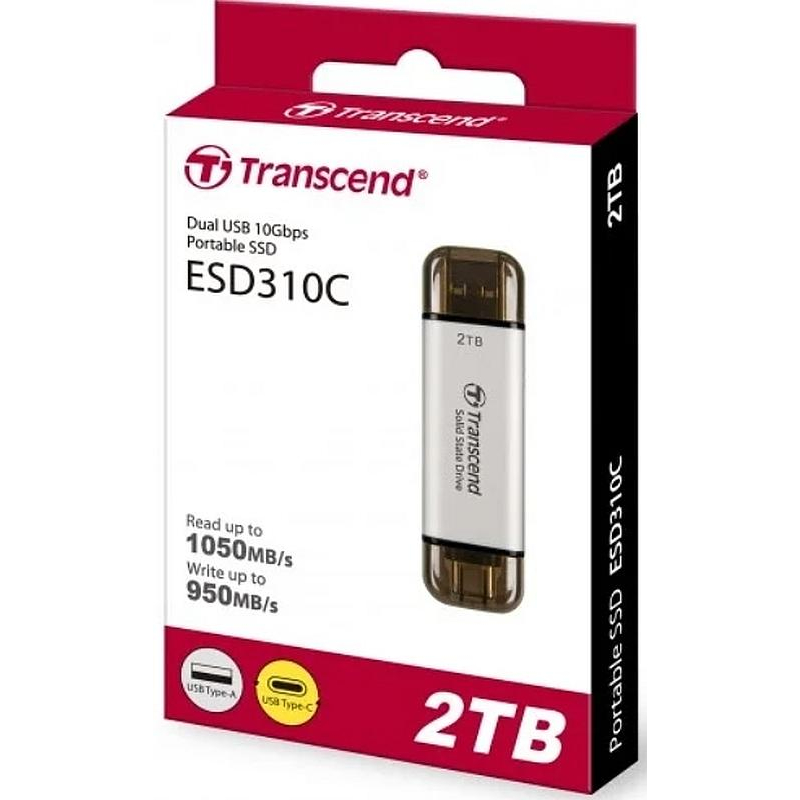 Портативный SSD Transcend 2Tb, USB 10Gbps, Type-C/Type-A, Серебряный - фото 2