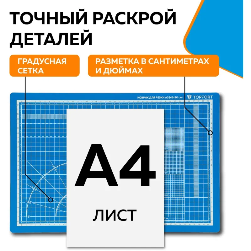 Коврик для резки Topfort 5ти-слойный А3 (45х30см),2х-сторонний,синий - фото 8