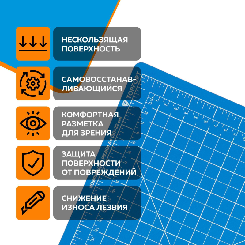 Коврик для резки TOPFORT 5ти-слойный А4 (30х22см),2х-сторонний,синий - фото 7