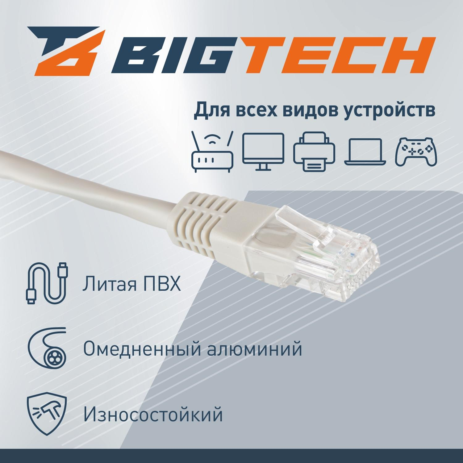 Патч-корд BigTech OPCC001 UTP CCA кат.5e/0.5м/литой/многожильн(серый) - фото 3