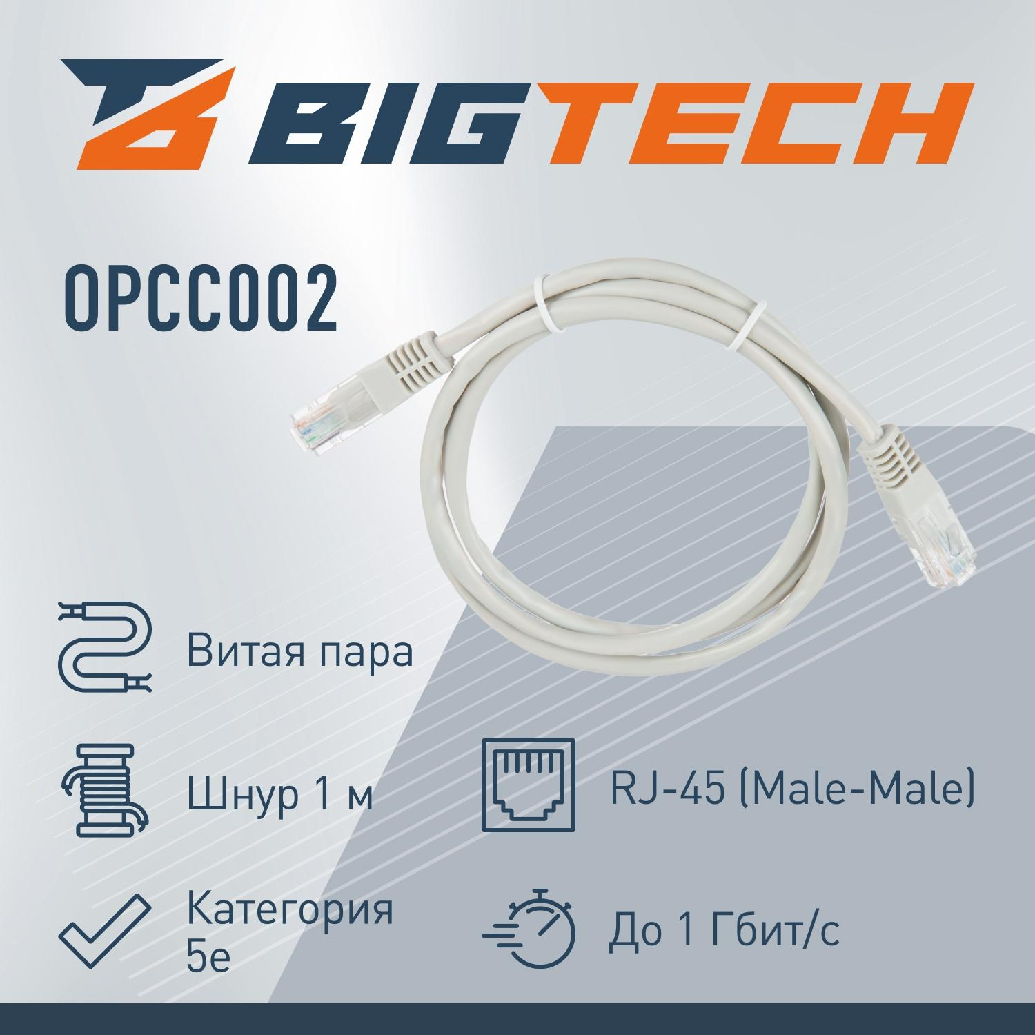 Патч-корд BigTech OPCC002 UTP CCA кат.5e/1м/литой/многожильный (серый) - фото 2
