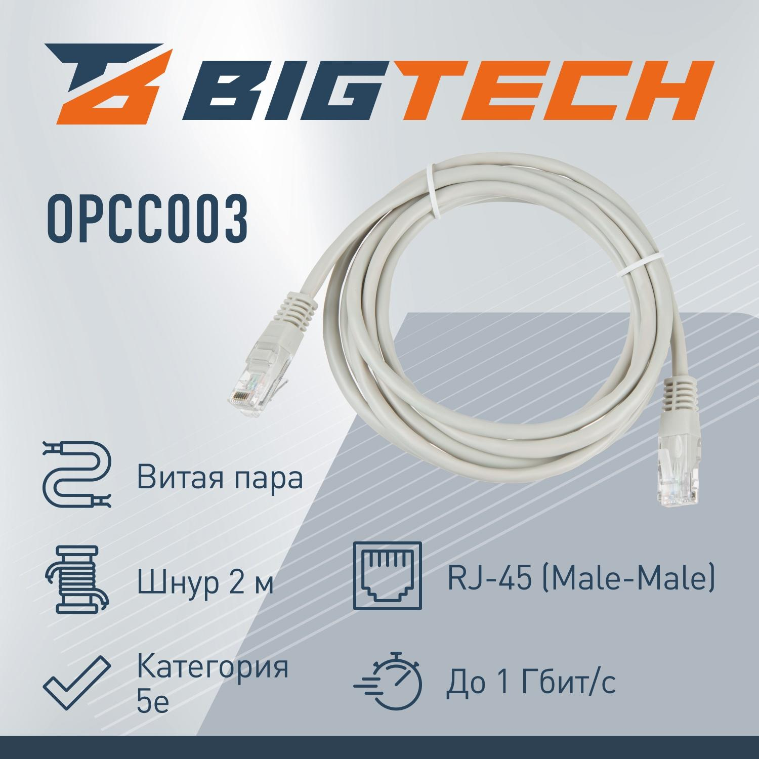 Патч-корд BigTech OPCC003 UTP CCA кат.5e/2м/литой/многожильный (серый) - фото 2