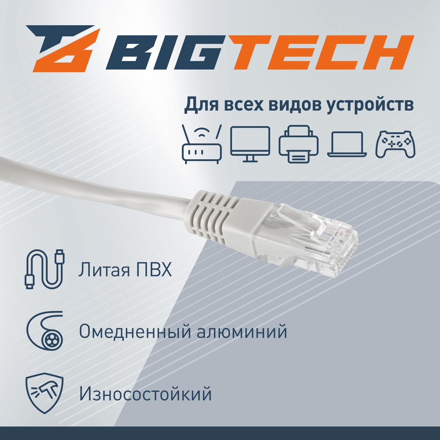 Патч-корд BigTech OPCC006 UTP CCA кат.5e/10м/литой/многожильный (серый) - фото 3