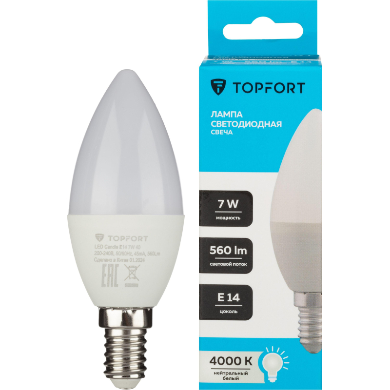Лампа светодиодная Topfort E14 7W 4000K свеча - фото 1