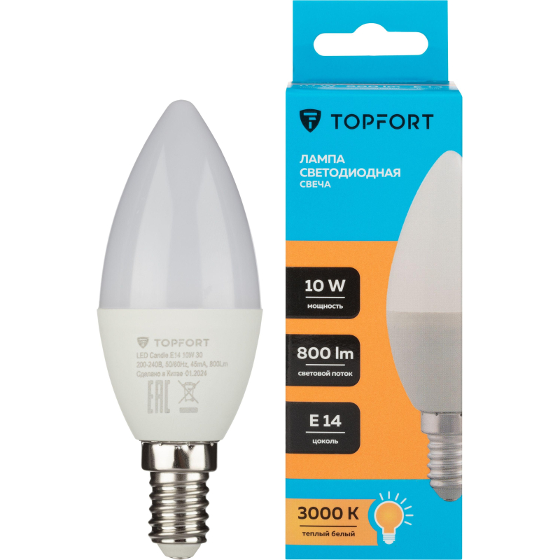 Лампа светодиодная Topfort E14 10W 3000K свеча - фото 1