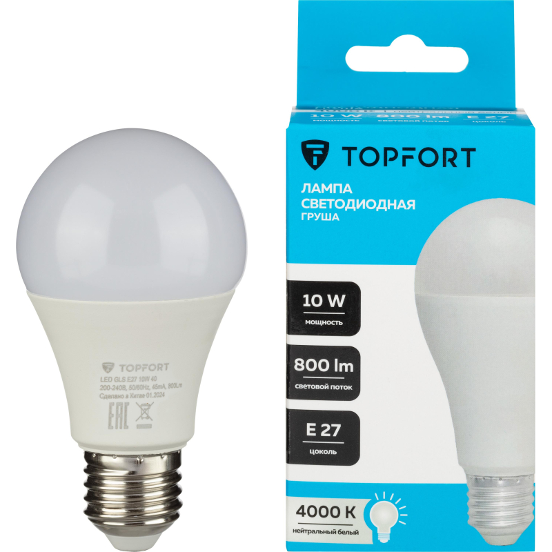 Лампа светодиодная Topfort E27 10W 4000K груша - фото 1