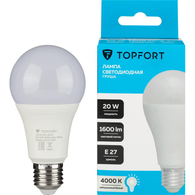 Лампа светодиодная Topfort E27 20W 4000K груша - фото 1