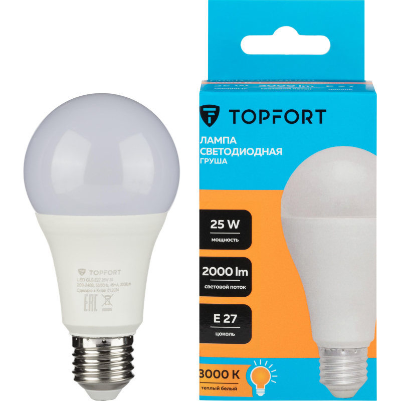 Лампа светодиодная Topfort E27 25W 3000K груша - фото 1