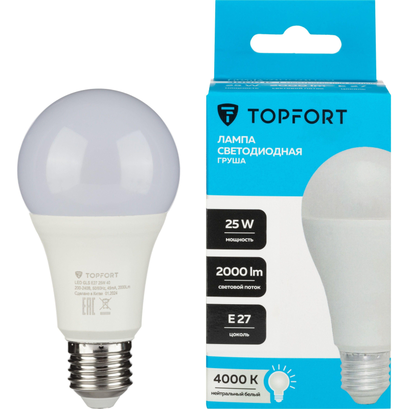 Лампа светодиодная Topfort E27 25W 4000K груша - фото 1