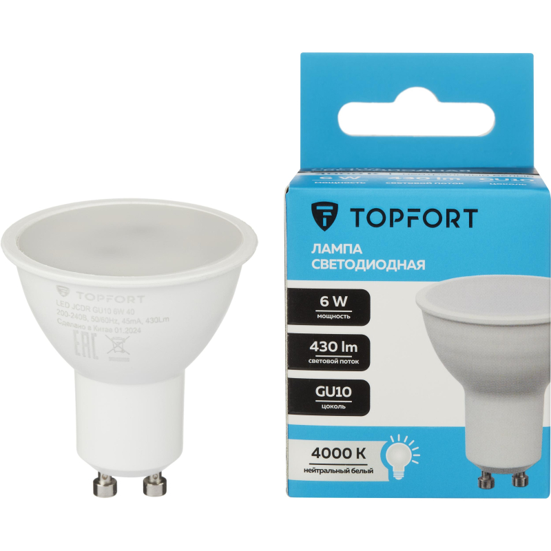 Лампа светодиодная Topfort GU10 6W 4000K - фото 1