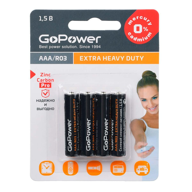 Батарейка GoPower R03 AAA 4шт/бл Heavy Duty 1.5V (4/48/576) - фото 1