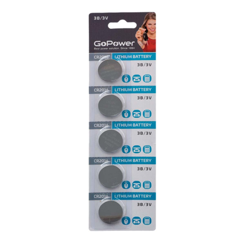 Батарейка GoPower CR2016 5шт/бл Lithium 3V (5/100/2000) - фото 1