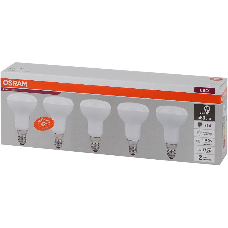 Лампа светодиодная OSRAM LVR60 7SW/840 230V E14 (5 шт/уп)(583962) - фото 1