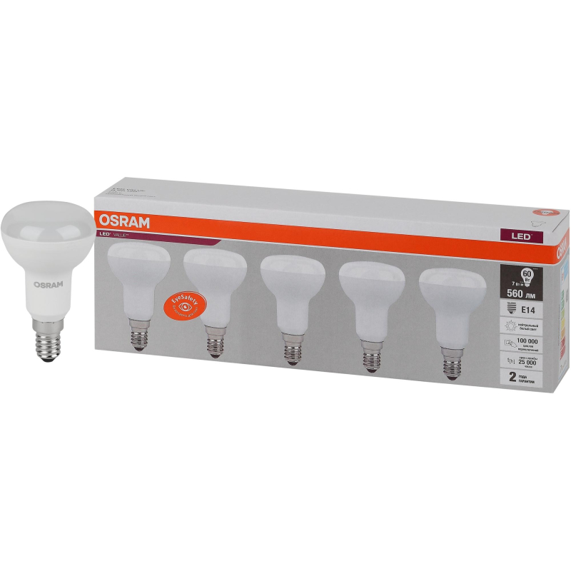 Лампа светодиодная OSRAM LVR60 7SW/840 230V E14 (5 шт/уп)(583962) - фото 2