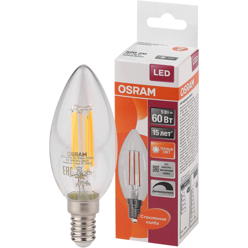 Лампа светодиодная OSRAM LSCLB60D 5W/827 230V FIL E14 FS1(230354) - фото 2