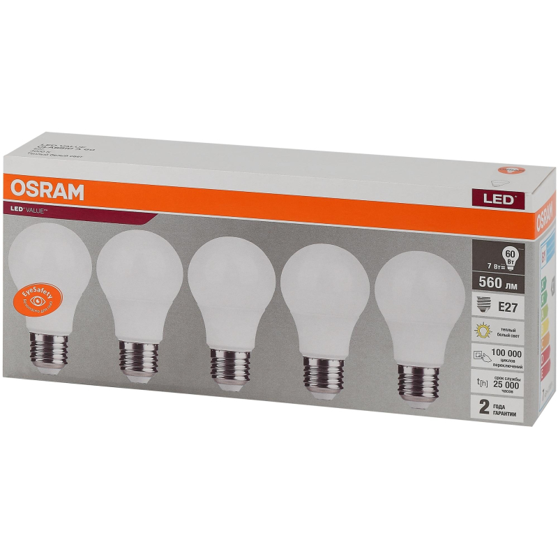 Лампа светодиодная OSRAM LVCLA60 7SW/830 230V E27 (5 шт/уп) 577626 - фото 1