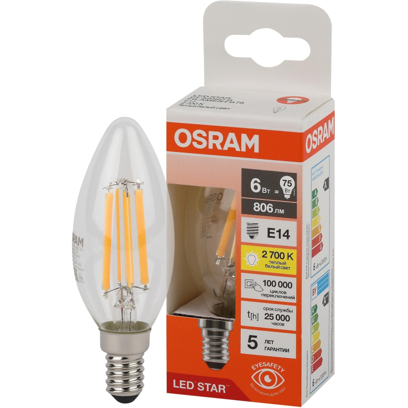 Лампа светодиодная OSRAM LSCLB75 6W/827 230VFILCL E14 FS1 684812 - фото 2