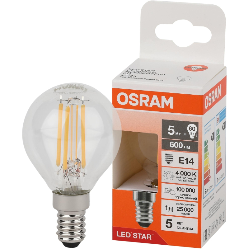 Лампа светодиодная OSRAM LSCLP60 5W/840 230VFILCL E14 FS1 - фото 2