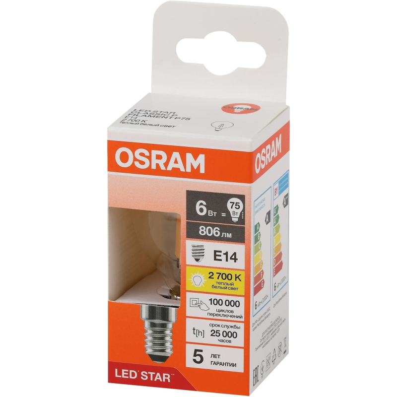 Лампа светодиодная OSRAMLSCLP75 6W/827 230VFILCL E14 FS1 - фото 1